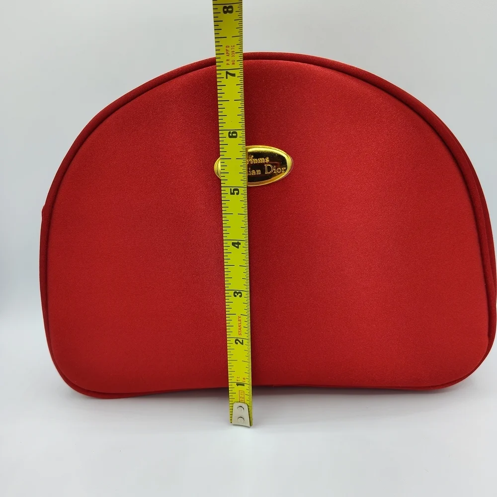 Early 1990s Vintage DIOR Parfum Red Satin Vanity Gold Plaque Vanity Makeup Bag